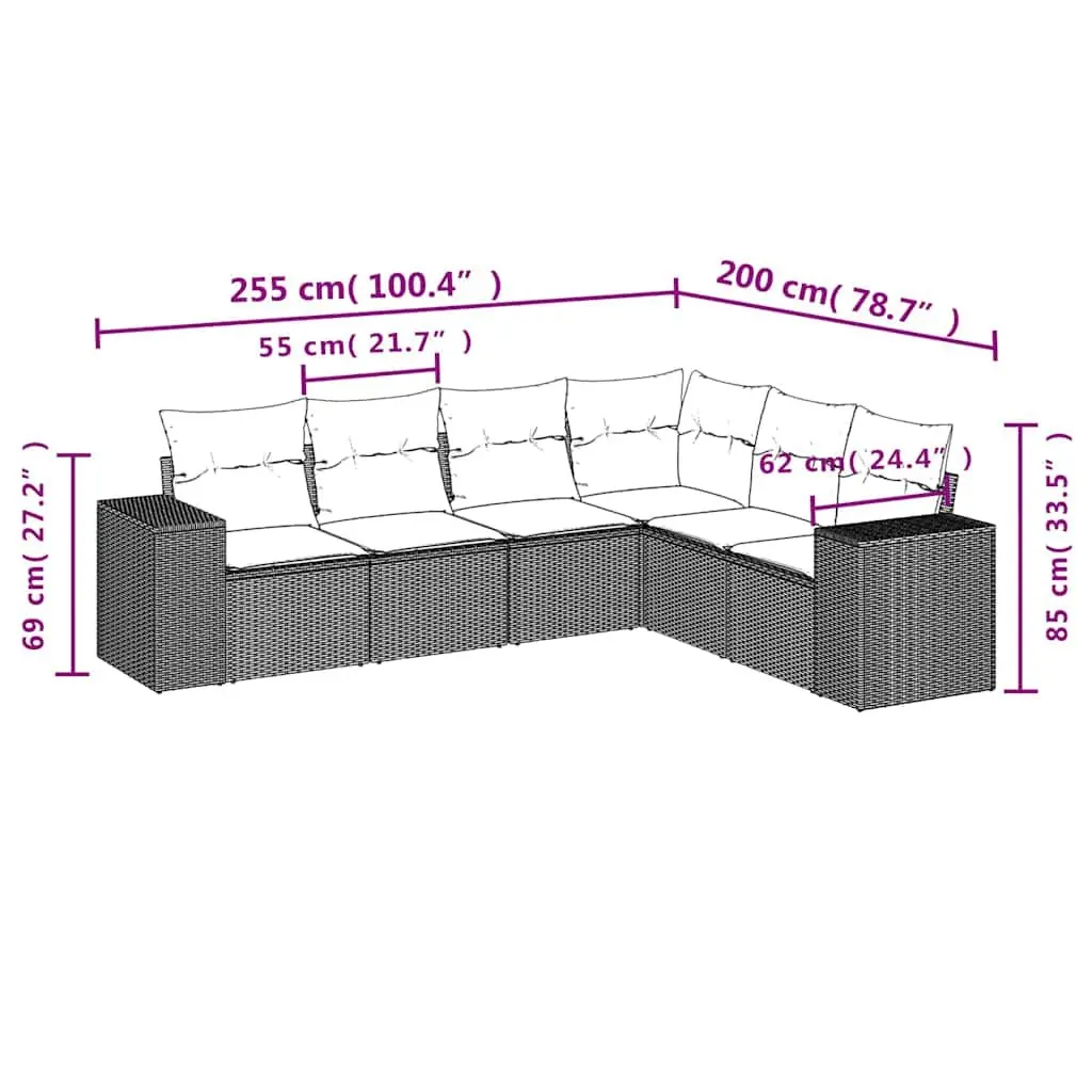 Garden Sofa Set 6 Piece Outdoor Furniture Black Poly Rattan Modular Patio Lounge