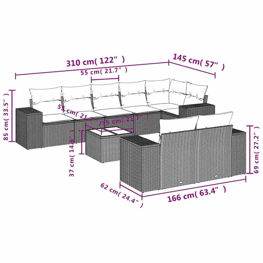 Garden Sofa Set 9 Piece Outdoor Furniture Poly Rattan Patio Lounge with Cushions