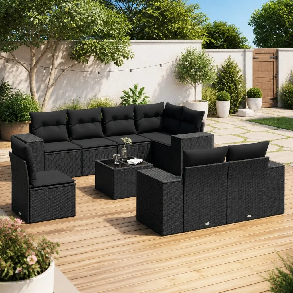 9 Piece Modular Outdoor Sofa Set Black PE Rattan with Cushions and Tempered Glass Table