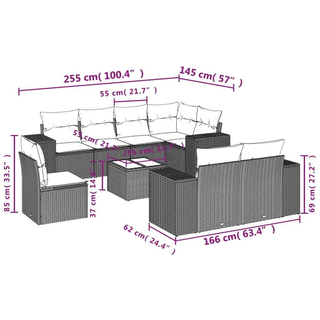 9 Piece Modular Outdoor Sofa Set Black PE Rattan with Cushions and Tempered Glass Table