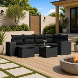 Garden Sofa Set 7 Piece Outdoor Furniture Black Poly Rattan Cushions Patio
