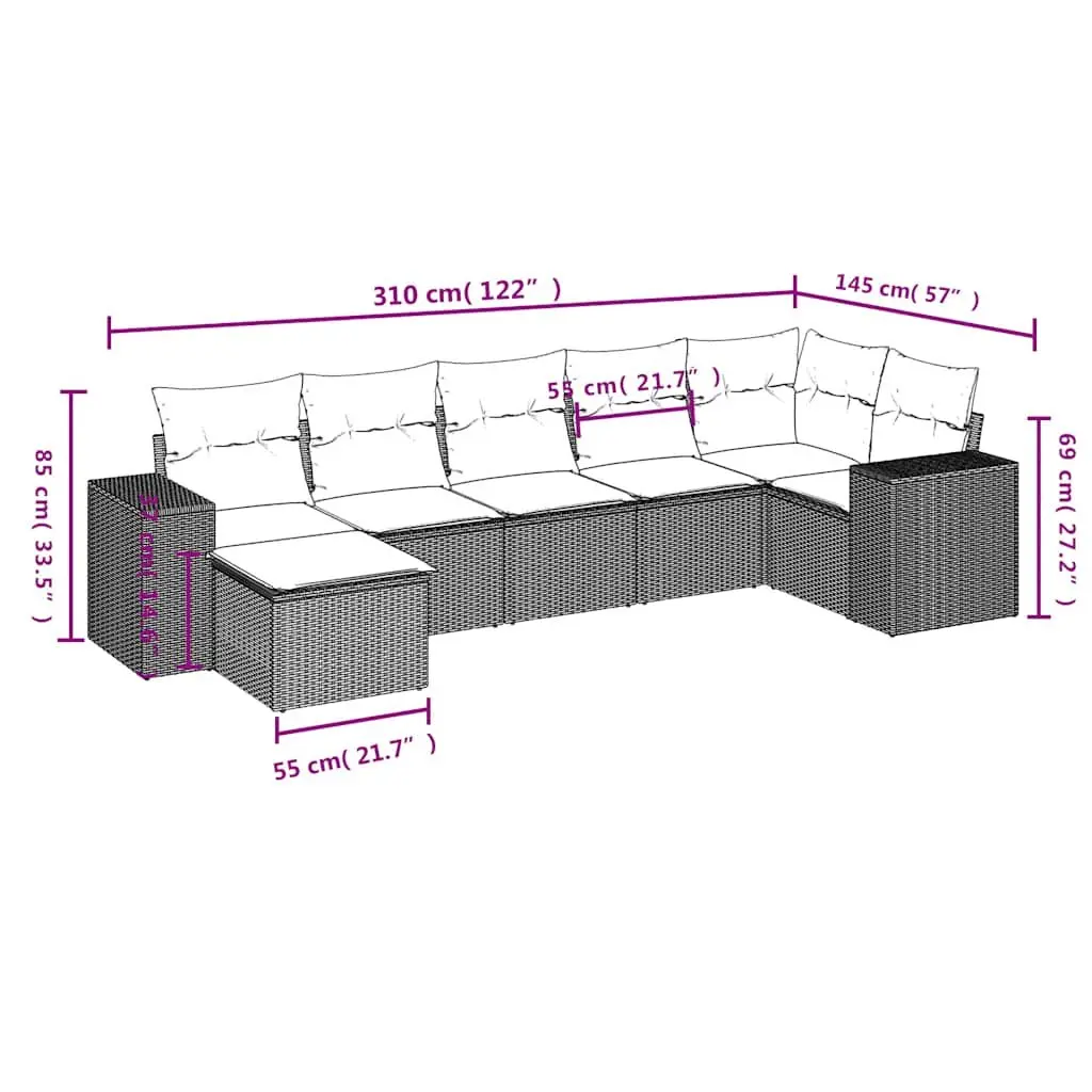 7 Piece Garden Sofa Set PE Rattan Outdoor Furniture Black with Cushions