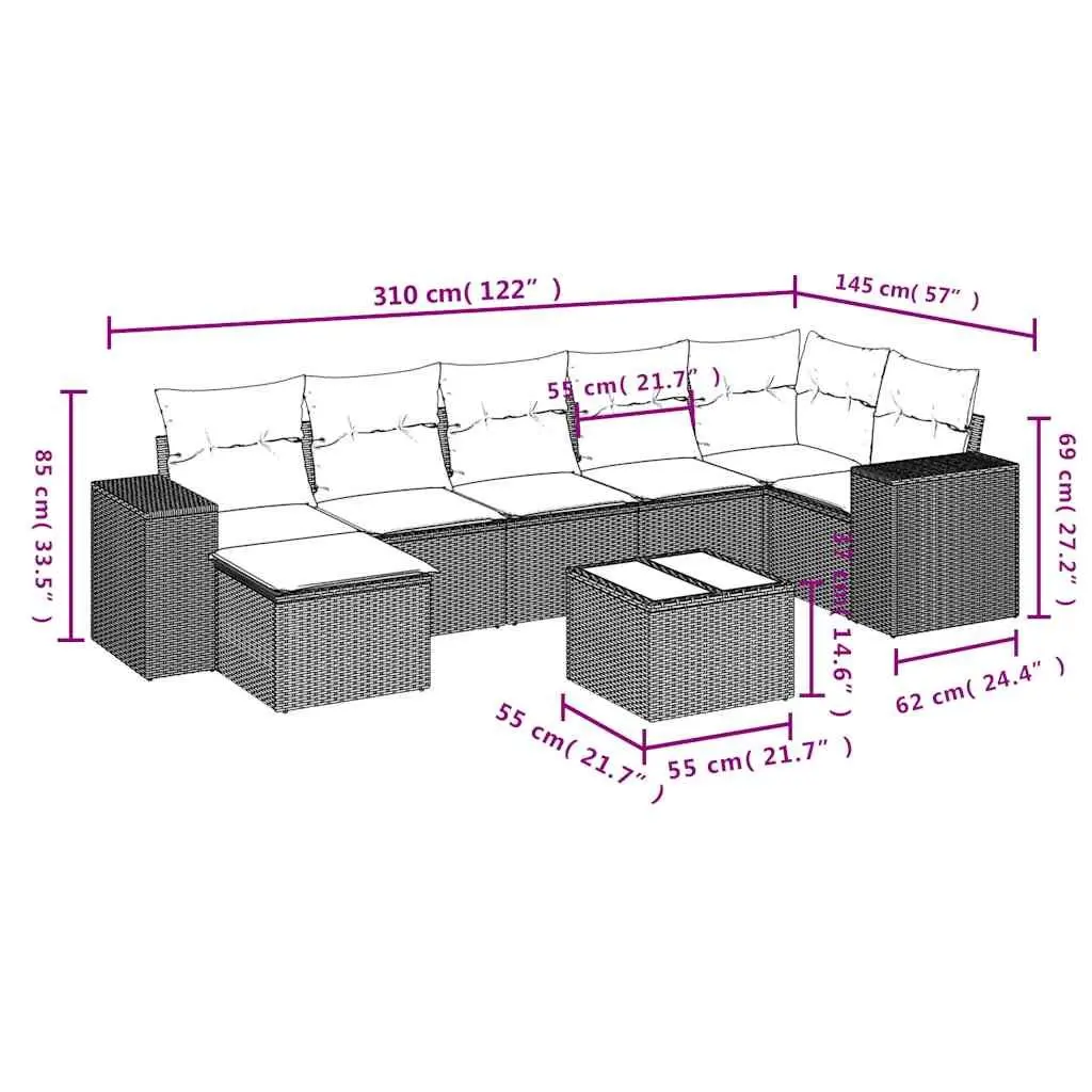 Garden Sofa Set 8 Piece Outdoor Furniture Black PE Rattan Patio Sectional