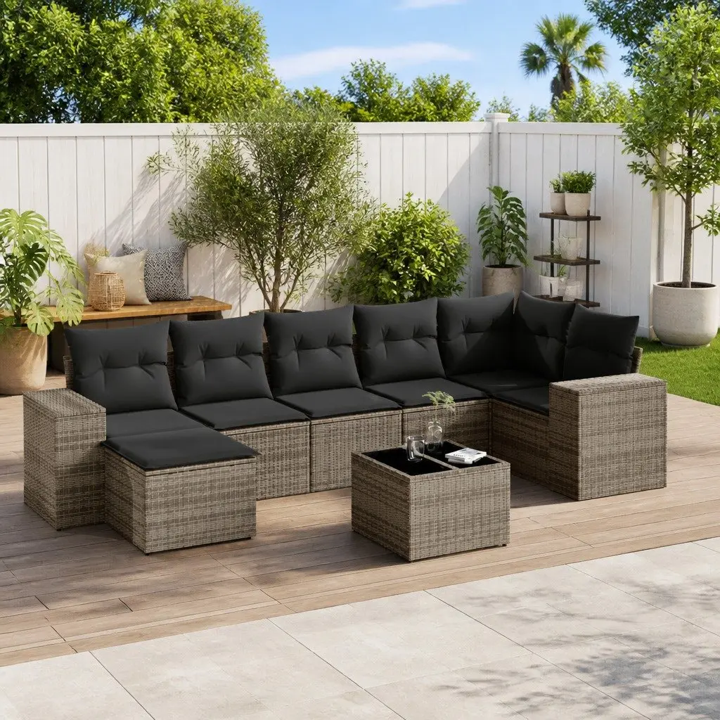8 Piece Garden Sofa Set Modular Grey Rattan Patio Furniture with Cushions and Tempered Glass Table