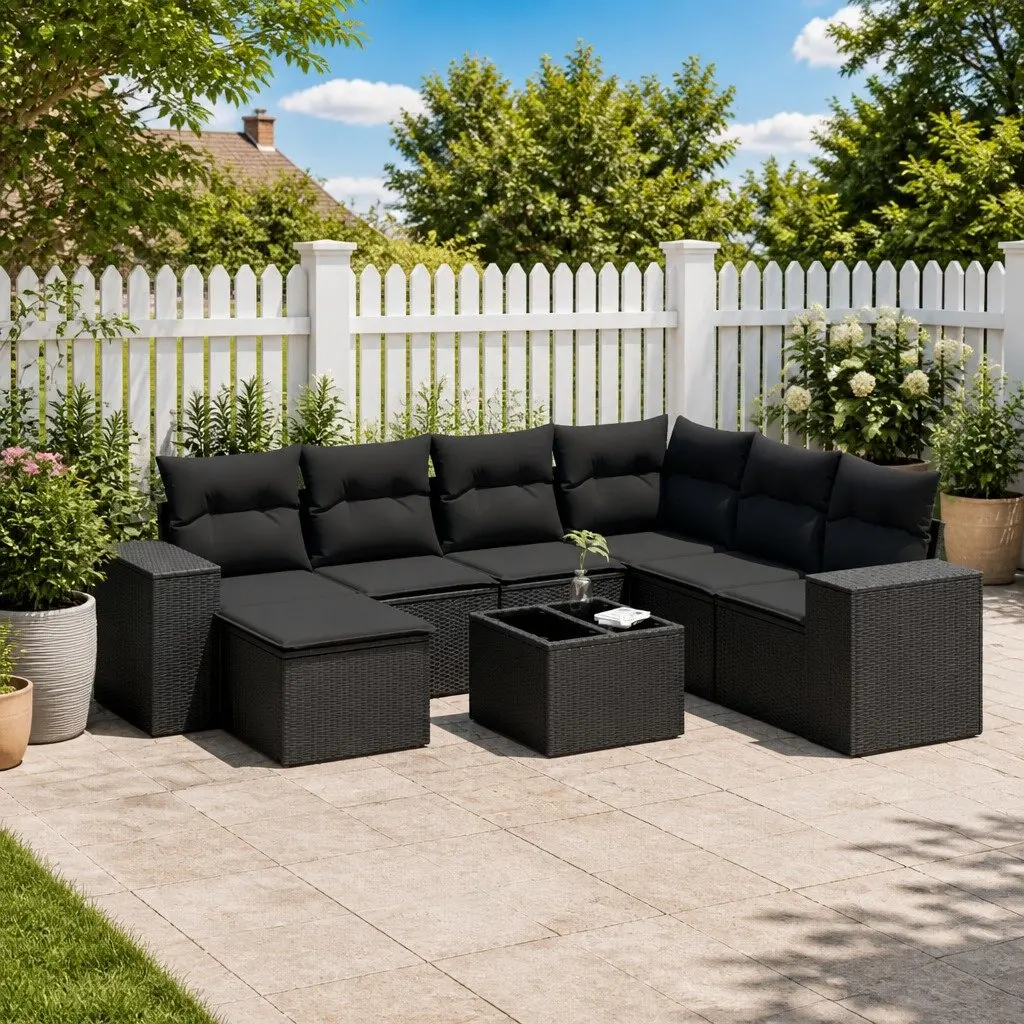 Outdoor Sofa Set Black PE Rattan 8 Piece Modular Lounge Seating with Cushions and Tempered Glass Table