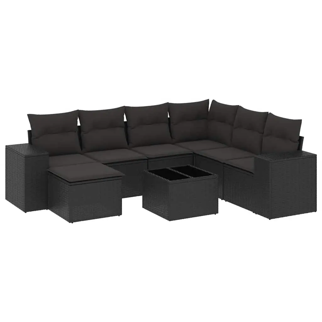 Outdoor Sofa Set Black PE Rattan 8 Piece Modular Lounge Seating with Cushions and Tempered Glass Table