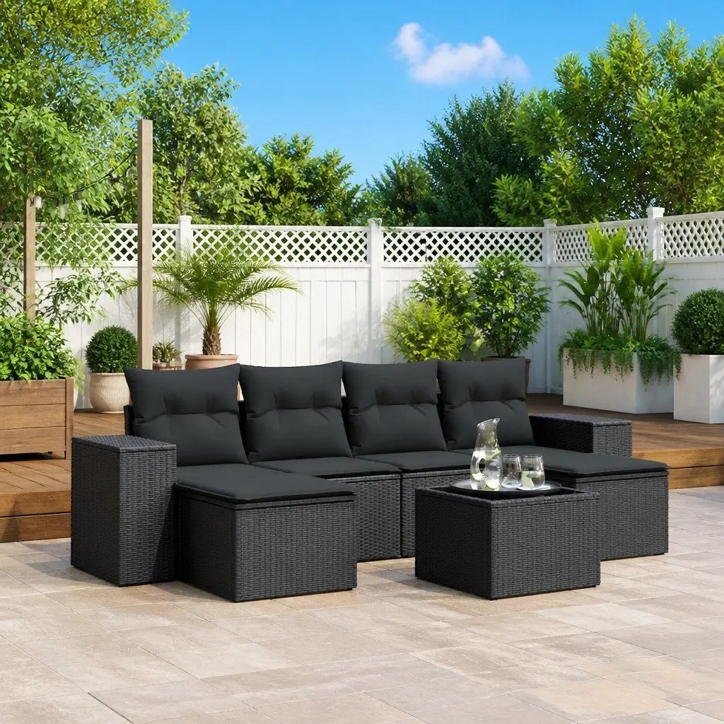 7 Piece Outdoor Garden Sofa Set PE Rattan Modular Black with Cushions