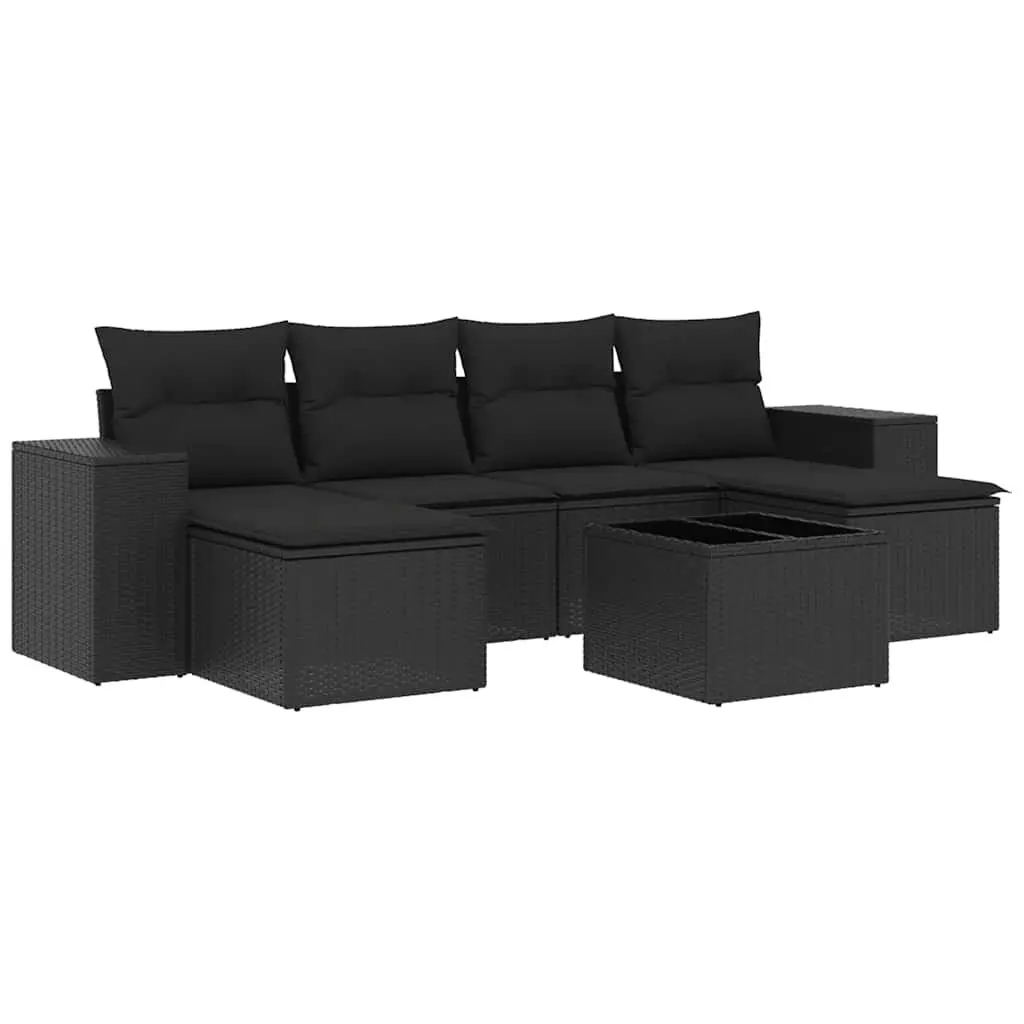 7 Piece Outdoor Garden Sofa Set PE Rattan Modular Black with Cushions