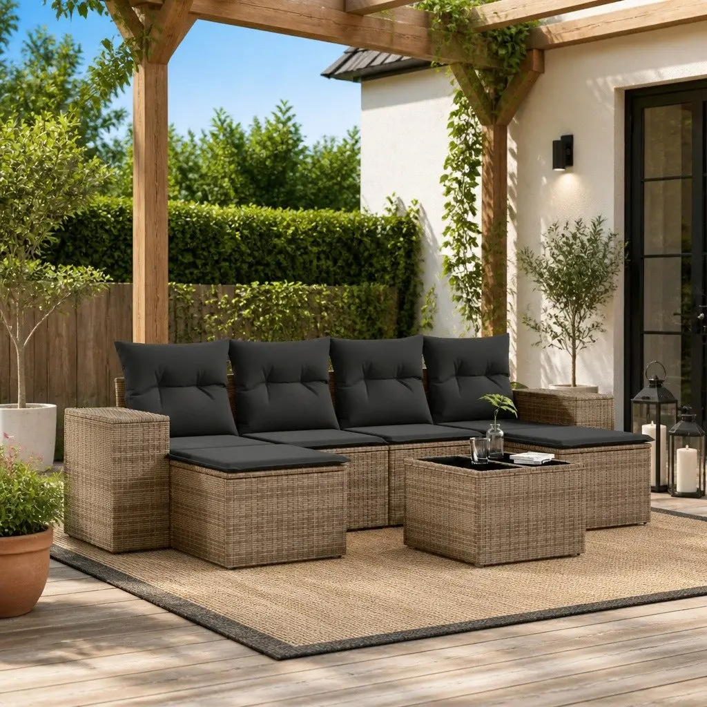 Garden Sofa Set 7 Piece PE Rattan Grey with Cushions