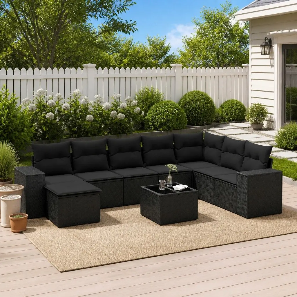9 Piece Black Modular Outdoor Patio Lounge Sofa Set with Thick Cushions and Tempered Glass Table Top Poly Rattan Garden Furniture