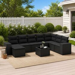 Garden Sofa Set 9 Piece Outdoor Furniture Patio Lounge Black Poly Rattan with