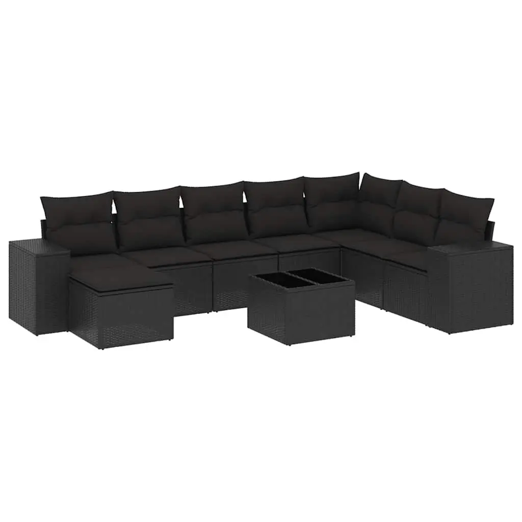 9 Piece Black Modular Outdoor Patio Lounge Sofa Set with Thick Cushions and Tempered Glass Table Top Poly Rattan Garden Furniture