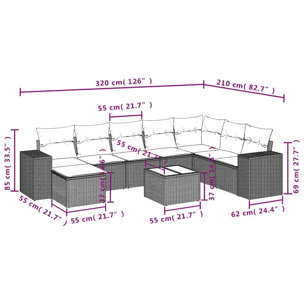 9 Piece Black Modular Outdoor Patio Lounge Sofa Set with Thick Cushions and Tempered Glass Table Top Poly Rattan Garden Furniture