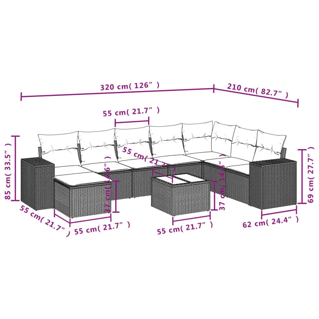 Garden Sofa Set 9 Piece Outdoor Furniture Patio Grey Poly Rattan with Cushions
