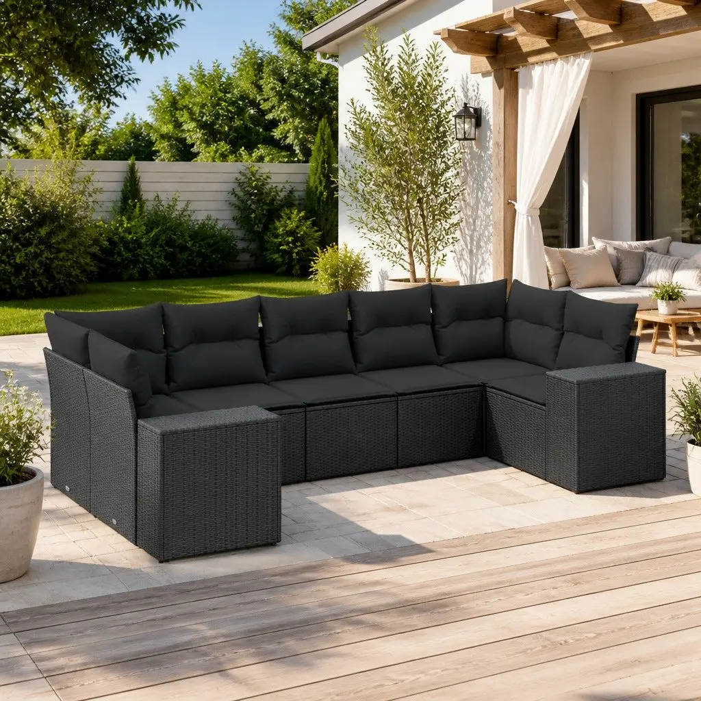 7 Piece Outdoor Garden Sofa Set PE Rattan Black with Cushions