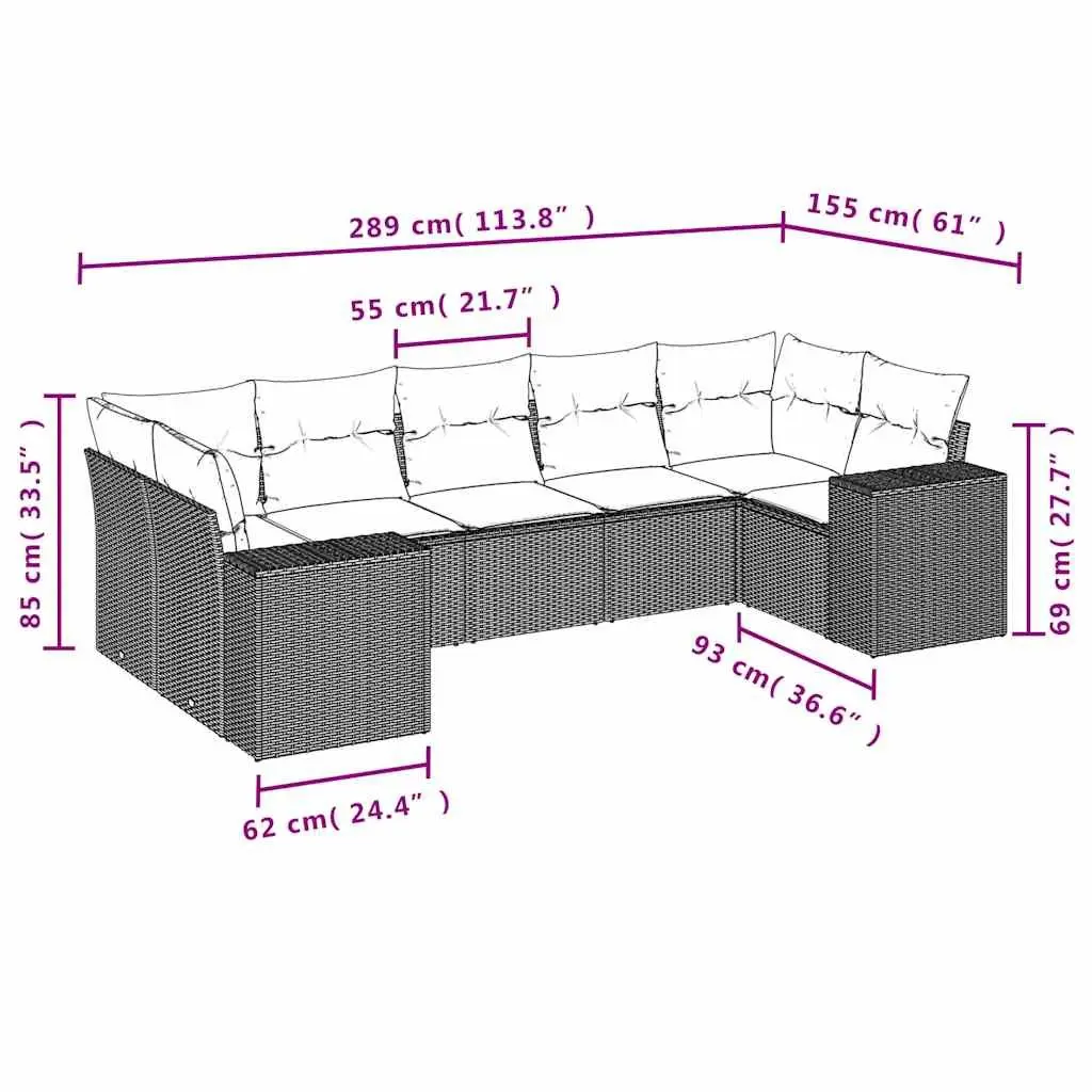 7 Piece Outdoor Garden Sofa Set PE Rattan Black with Cushions