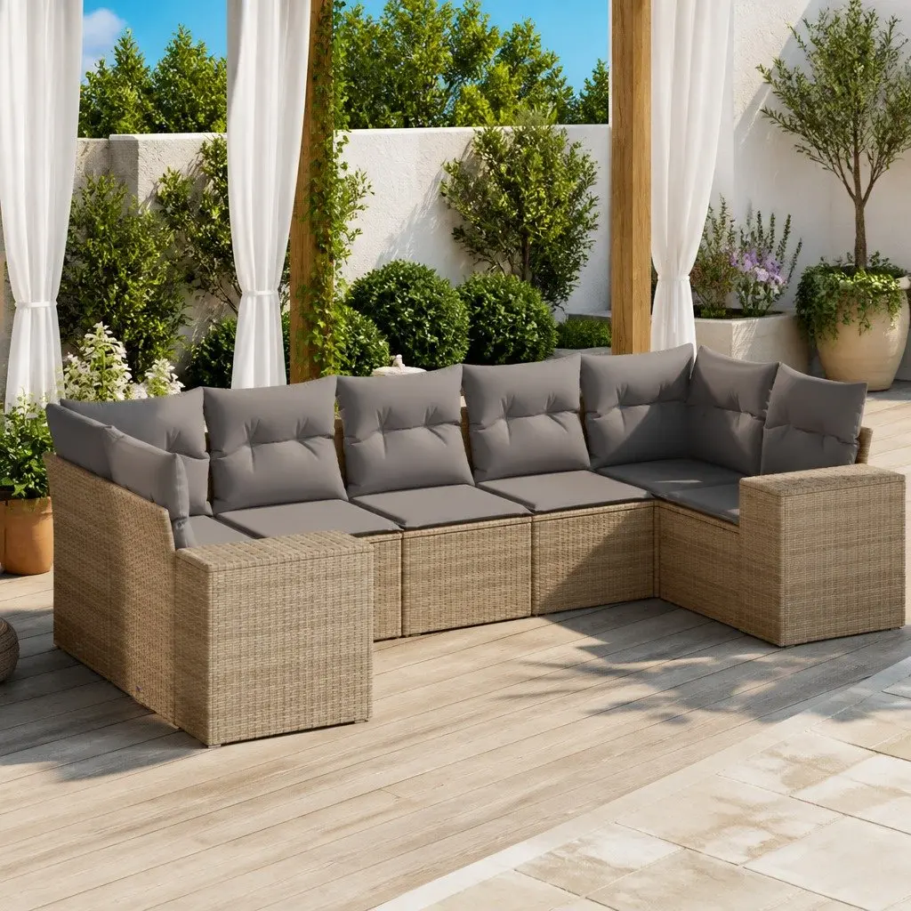 7 Piece Modular Outdoor Garden Sofa Set PE Rattan with Cushions Beige