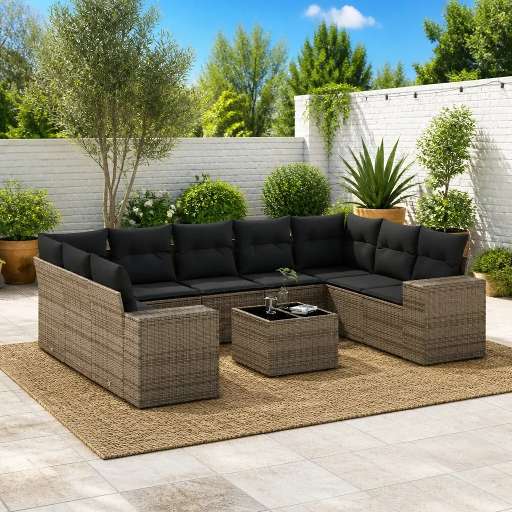 Garden Sofa Set Poly Rattan 10 Piece Outdoor Furniture Grey with Cushions