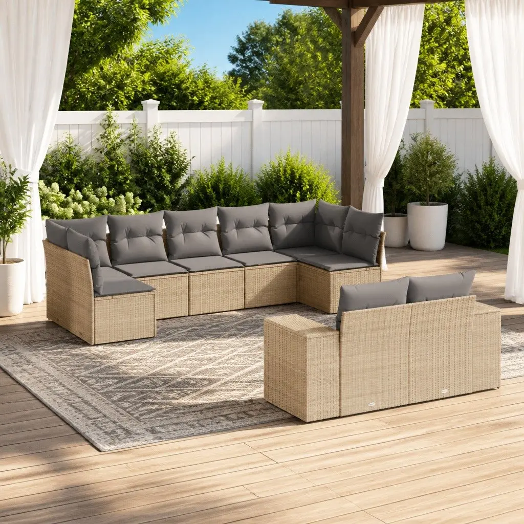 9 Piece Modular Garden Sofa Set Outdoor Furniture Beige Cushions PE Rattan
