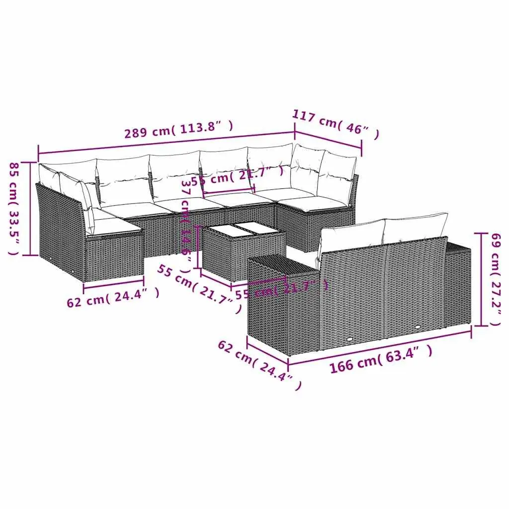 10 Piece Outdoor Patio Sofa Set Modular PE Rattan Black with Cushions
