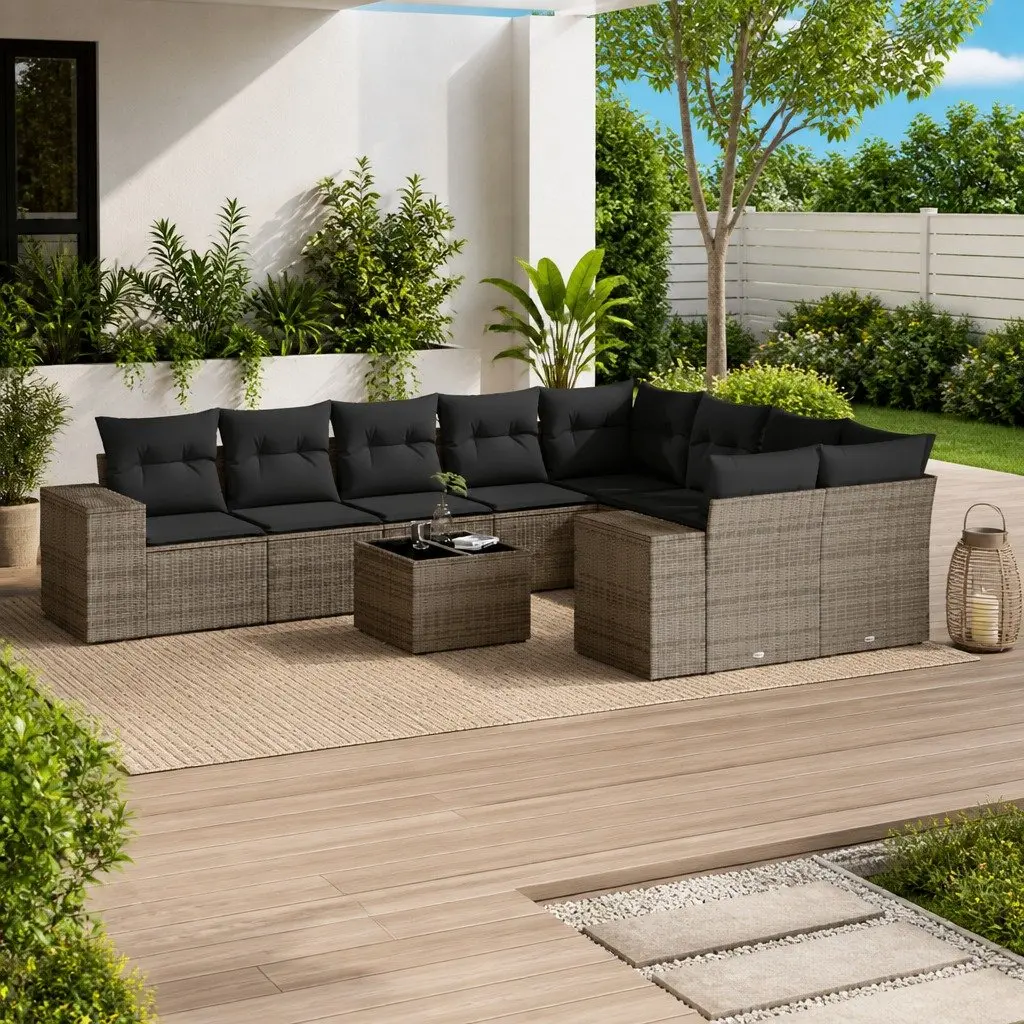 Garden Sofa Set PE Rattan 10 Piece Outdoor Furniture Grey Patio Seating