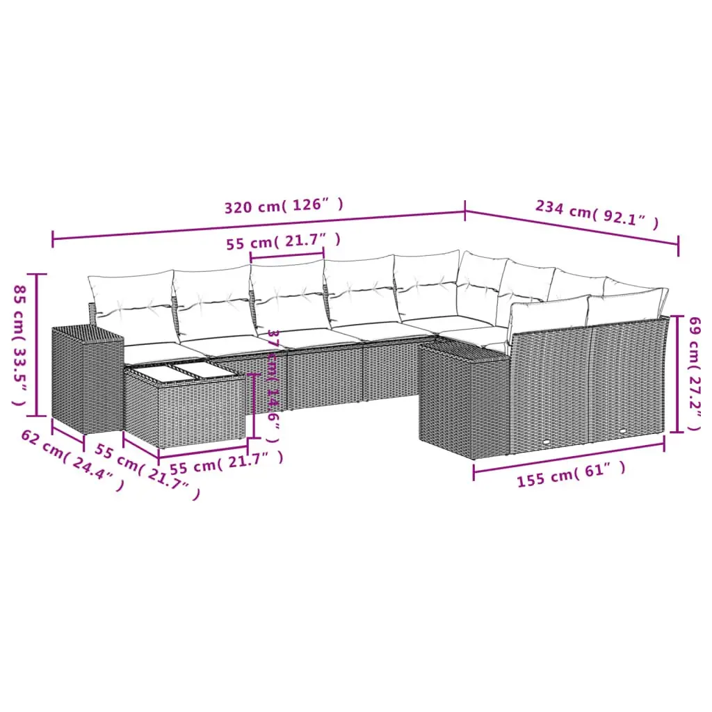 Garden Sofa Set 10 Piece Outdoor Furniture Grey Poly Rattan Modular Patio