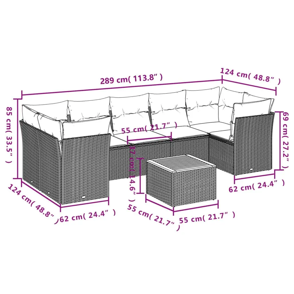 Garden Sofa Set 8 Piece Modular Grey PE Rattan with Cushions and Acacia Wood Table