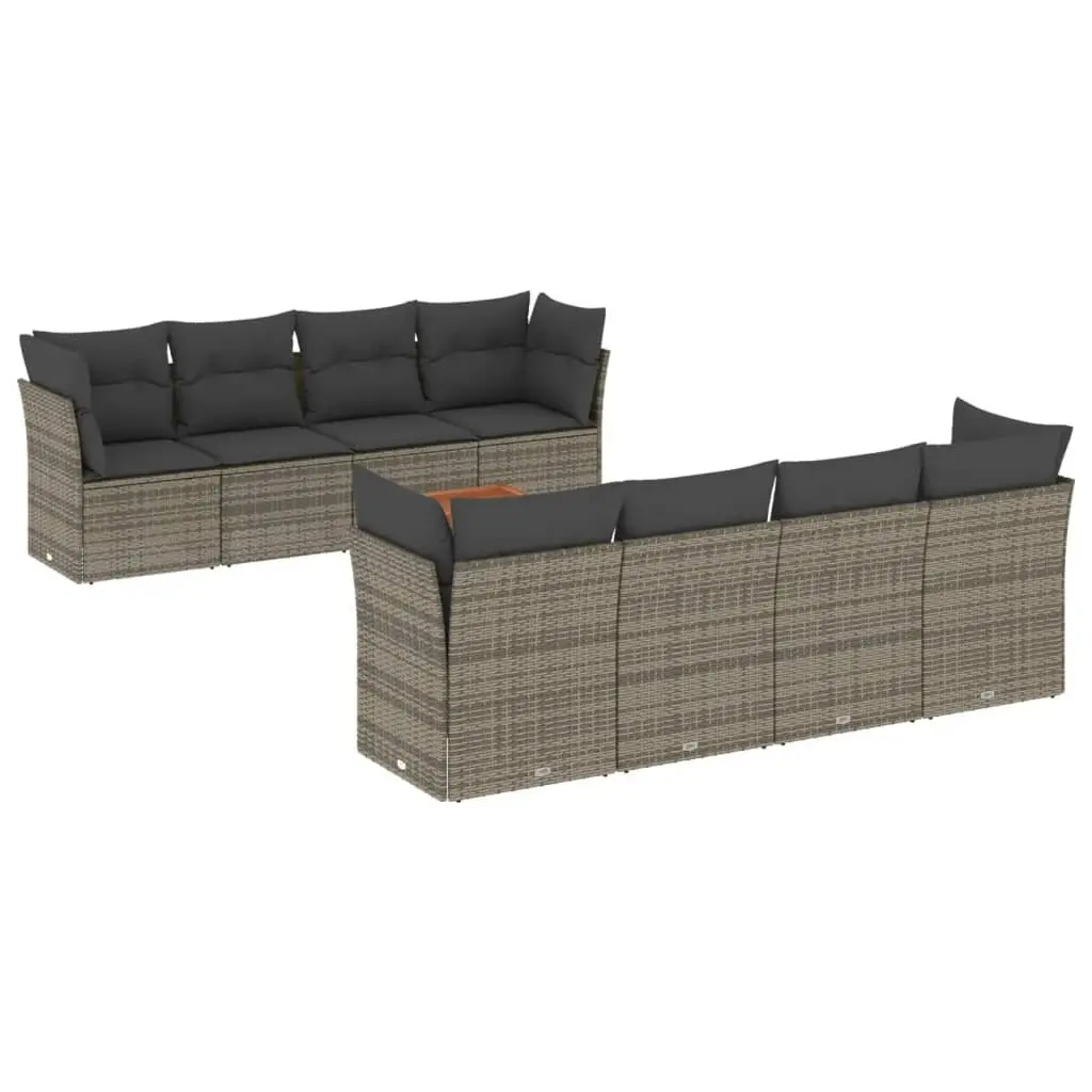 9 Piece Outdoor Furniture Modular Garden Sofa Set Grey PE Rattan with Cushions Acacia Wood Tabletop Removable Washable Covers