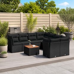 Outdoor Garden Sofa Set 9 Piece Black Poly Rattan Patio Furniture with Cushions