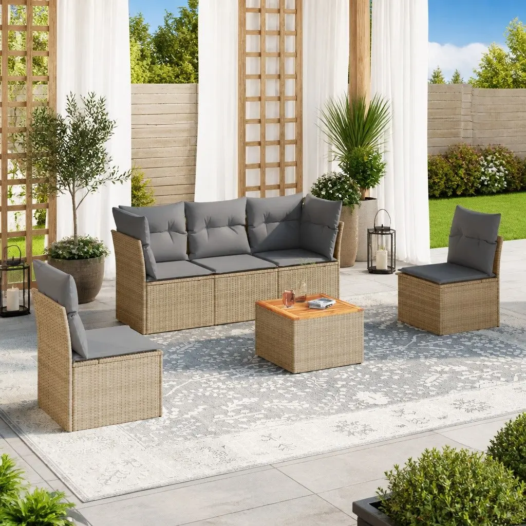 Garden Sofa Set 6 Piece Modular PE Rattan Outdoor Furniture Beige with Acacia Wood Table Top and Padded Cushions