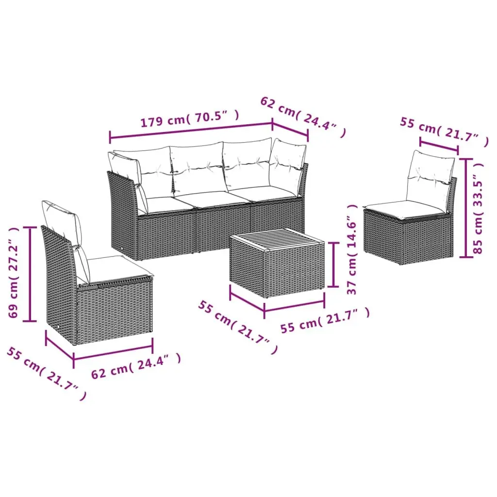 Garden Sofa Set PE Rattan Modular 6 Piece Outdoor Furniture Grey Cushions