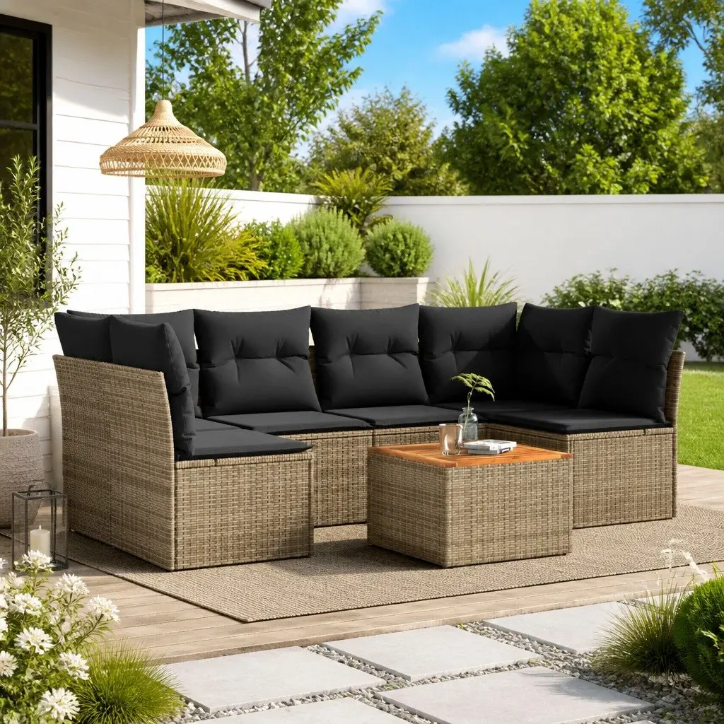 Garden Sofa Set PE Rattan 7 Piece Outdoor Patio Furniture with Cushions Grey