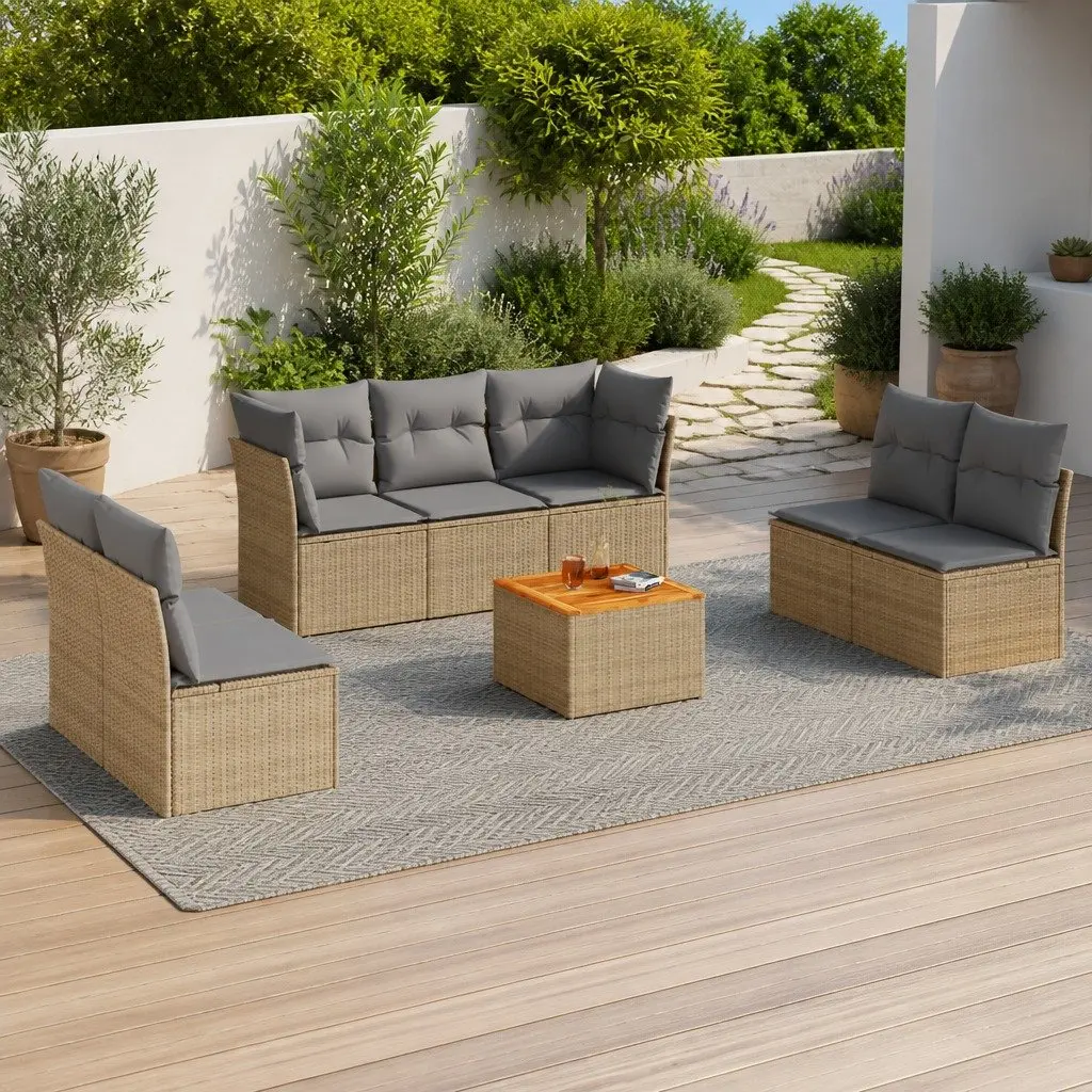 Garden Sofa Set 8 Piece Outdoor Furniture Patio Beige Poly Rattan with Cushions