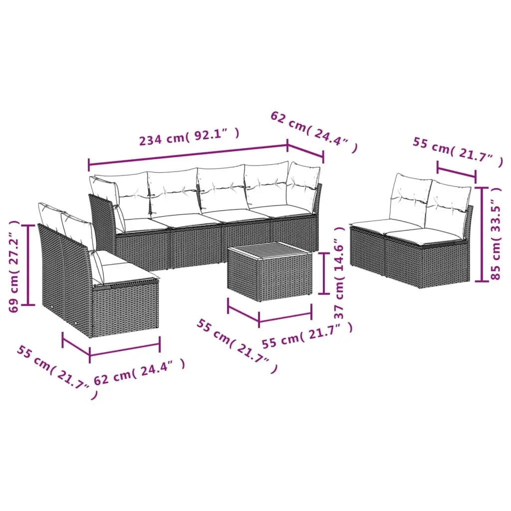 9 Piece Garden Sofa Set Outdoor Furniture Patio Lounge Grey with Cushions