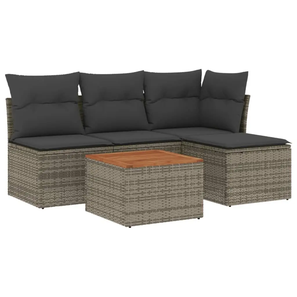 5 Piece Modular Garden Sofa Set Grey PE Rattan with Cushions Acacia Wood Table