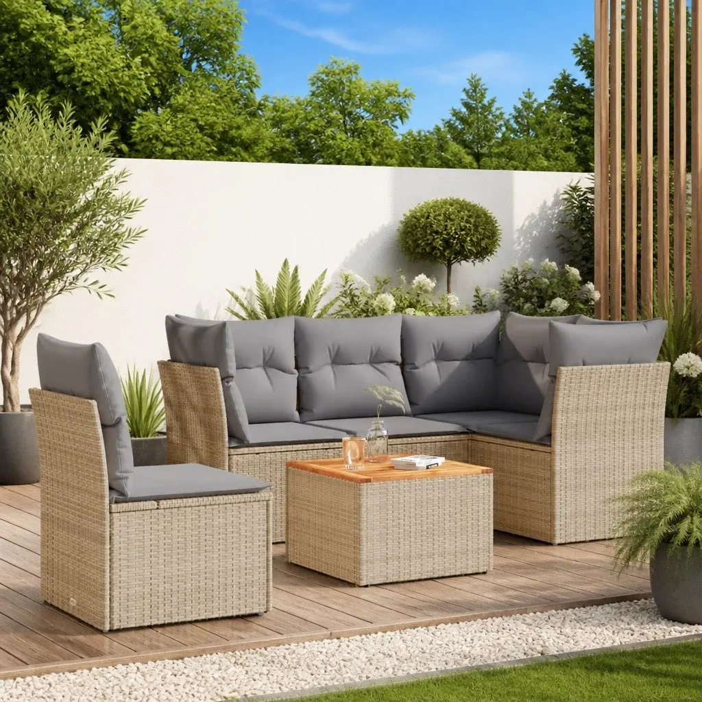 Outdoor Sofa Set PE Rattan Frame Acacia Wood Table 6 Piece Beige