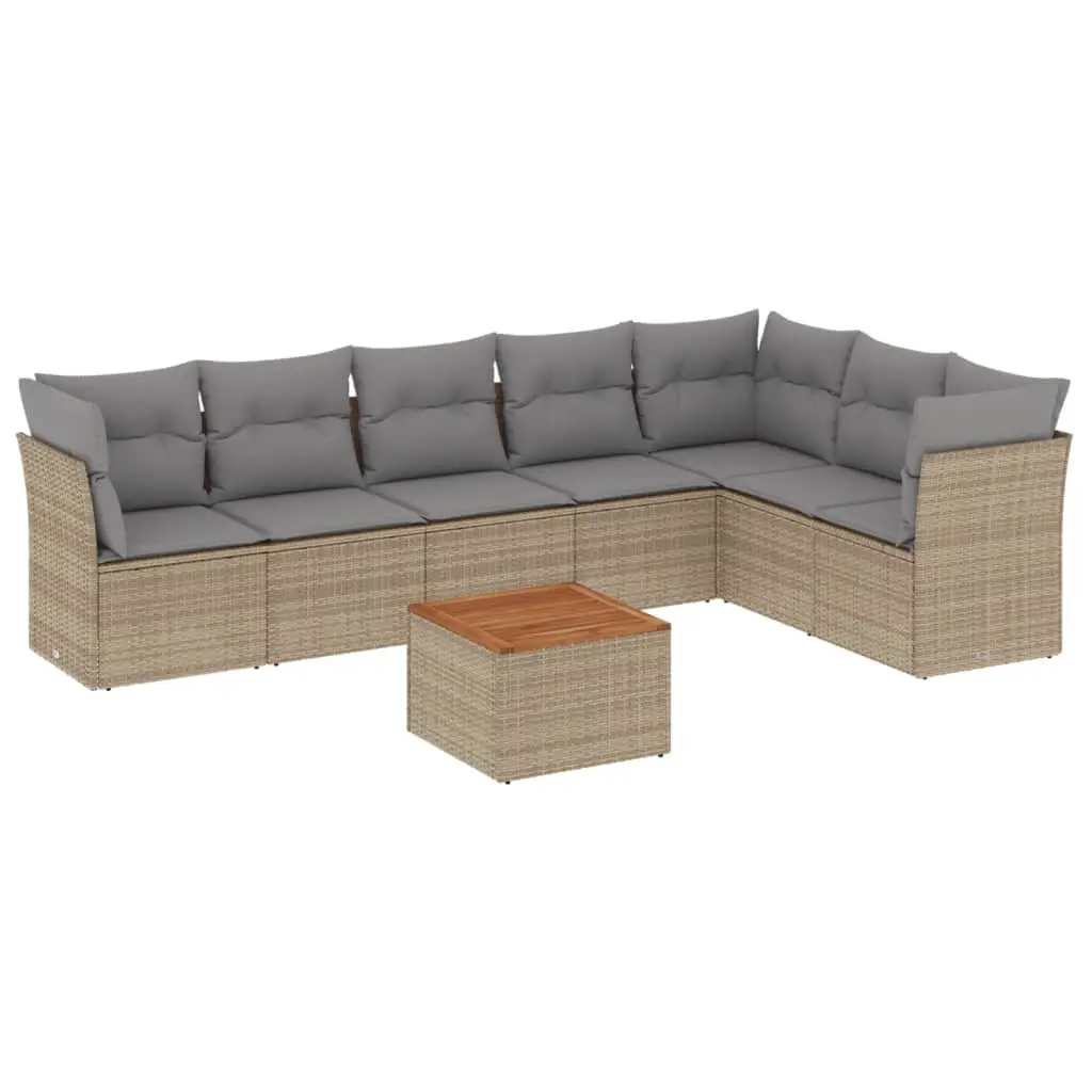 8 Piece Modular Garden Sofa Set Beige Rattan Outdoor Patio Furniture with Removable Cushions and Acacia Wood Table Top