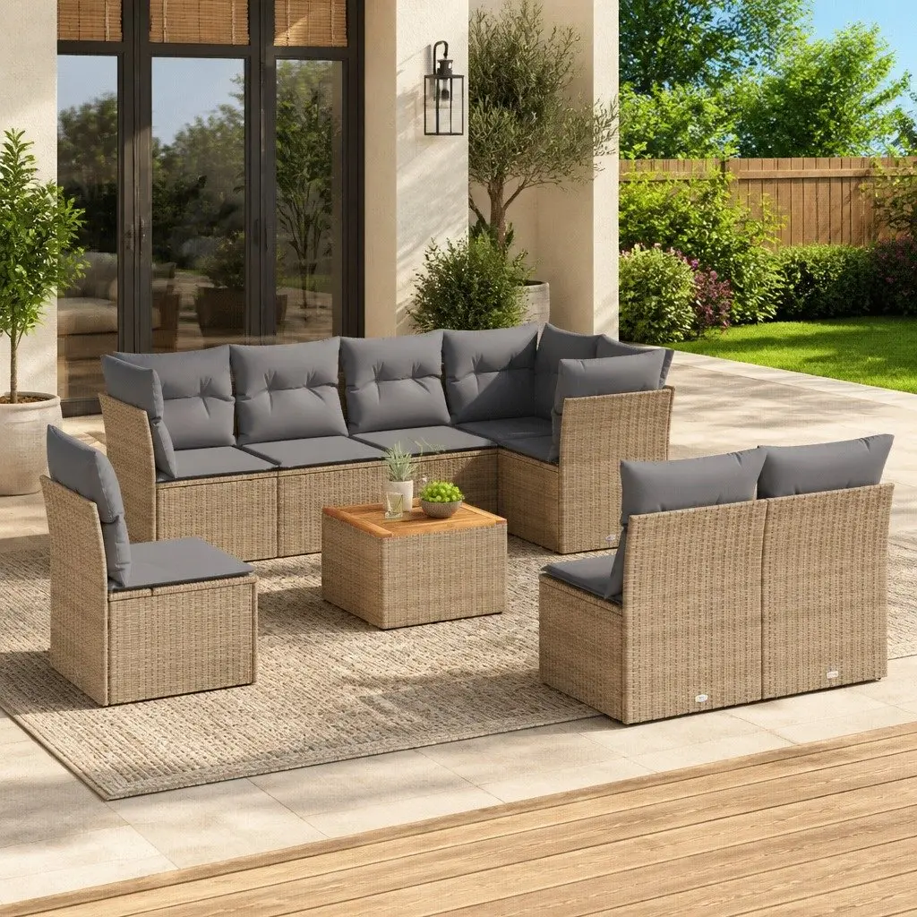 Garden Sofa Set Modular PE Rattan 9 Piece Outdoor Furniture Beige with Acacia Wood Table Top