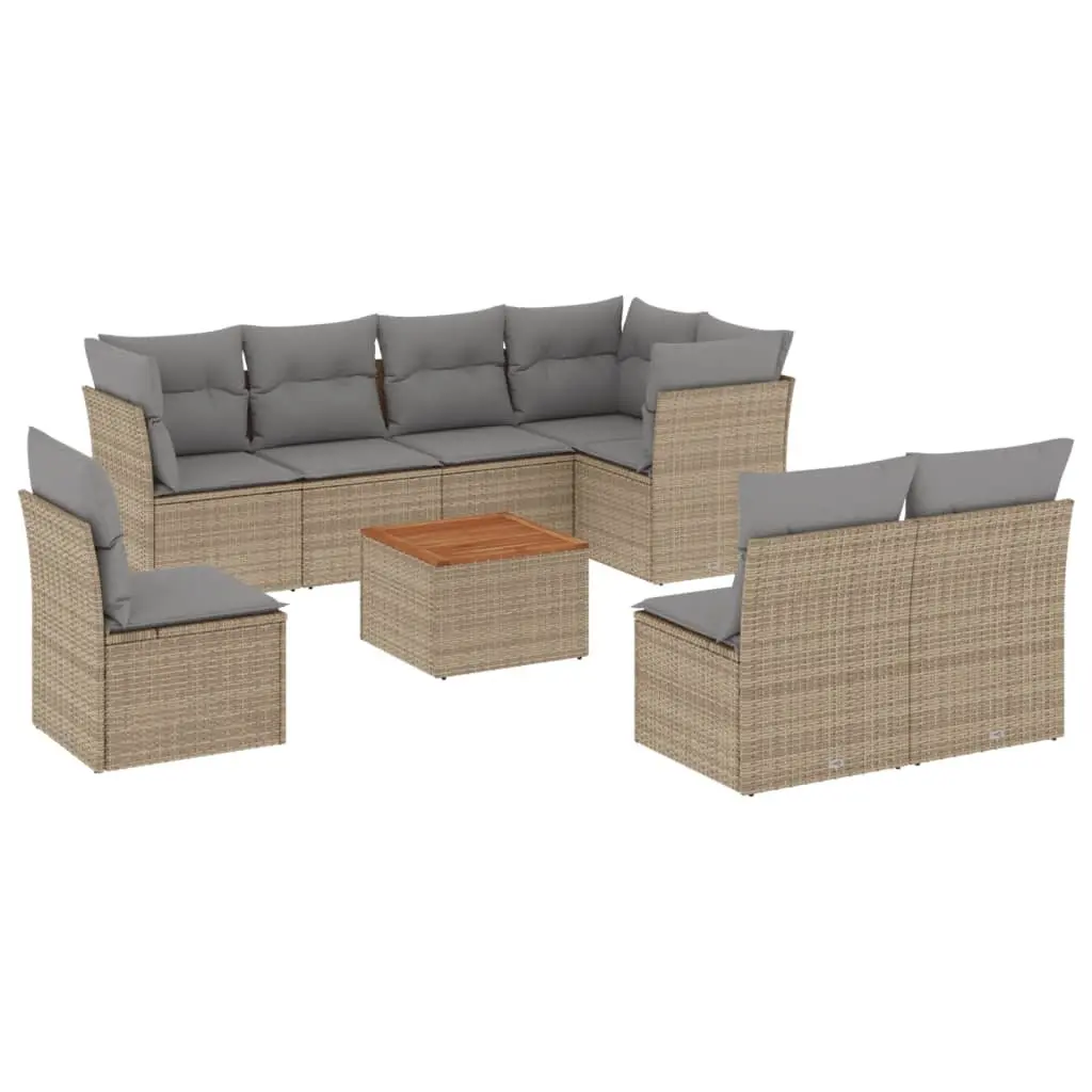 Garden Sofa Set Modular PE Rattan 9 Piece Outdoor Furniture Beige with Acacia Wood Table Top