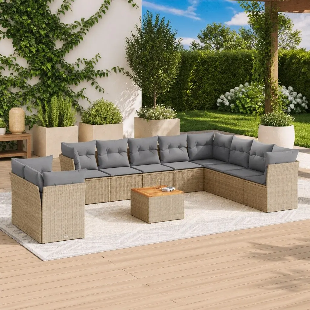 Garden Sofa Set 11 Piece Outdoor Furniture Beige Poly Rattan Patio Seating with