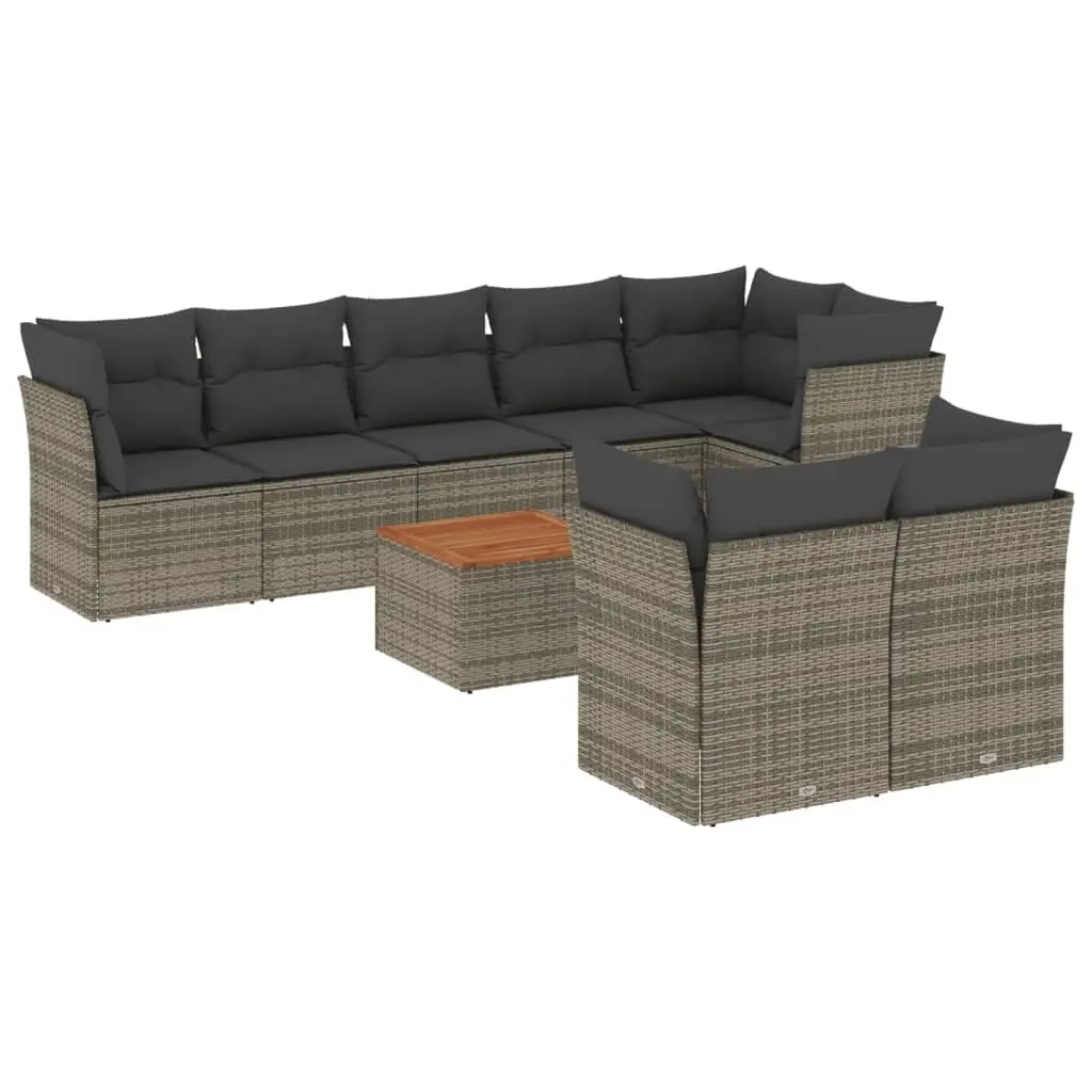 9 Piece Garden Sofa Set PE Rattan Modular Grey Outdoor Furniture with Cushions Acacia Wood Tabletop