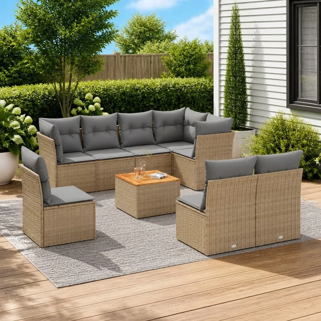 9 Piece Modular Outdoor Sofa Set with Cushions Beige PE Rattan and Acacia Wood Table