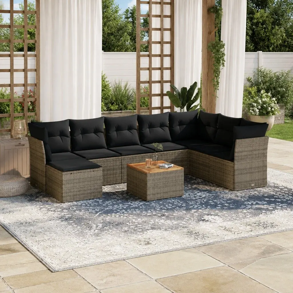 Modular Outdoor Furniture Set Grey Rattan 9 Piece Patio Sofa with Thick Cushions and Acacia Wood Top