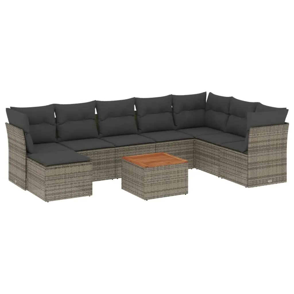 Modular Outdoor Furniture Set Grey Rattan 9 Piece Patio Sofa with Thick Cushions and Acacia Wood Top