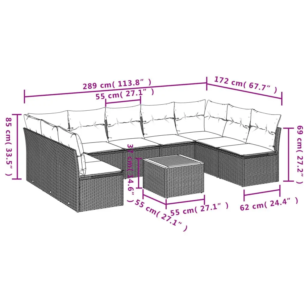 Garden Sofa Set 10 Piece Outdoor Furniture Grey Poly Rattan with Cushions Patio