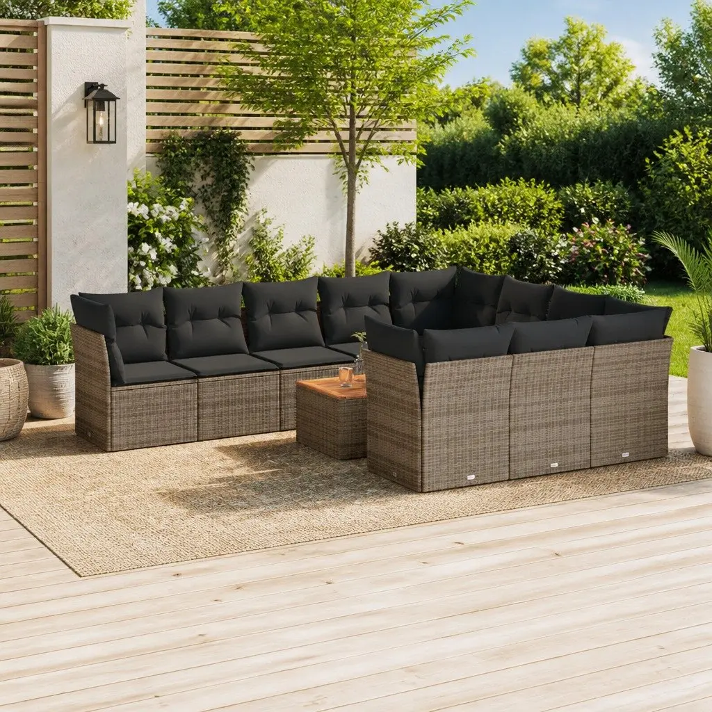 Garden Sofa Set PE Rattan Modular 11 Piece Grey with Acacia Wood Tabletop