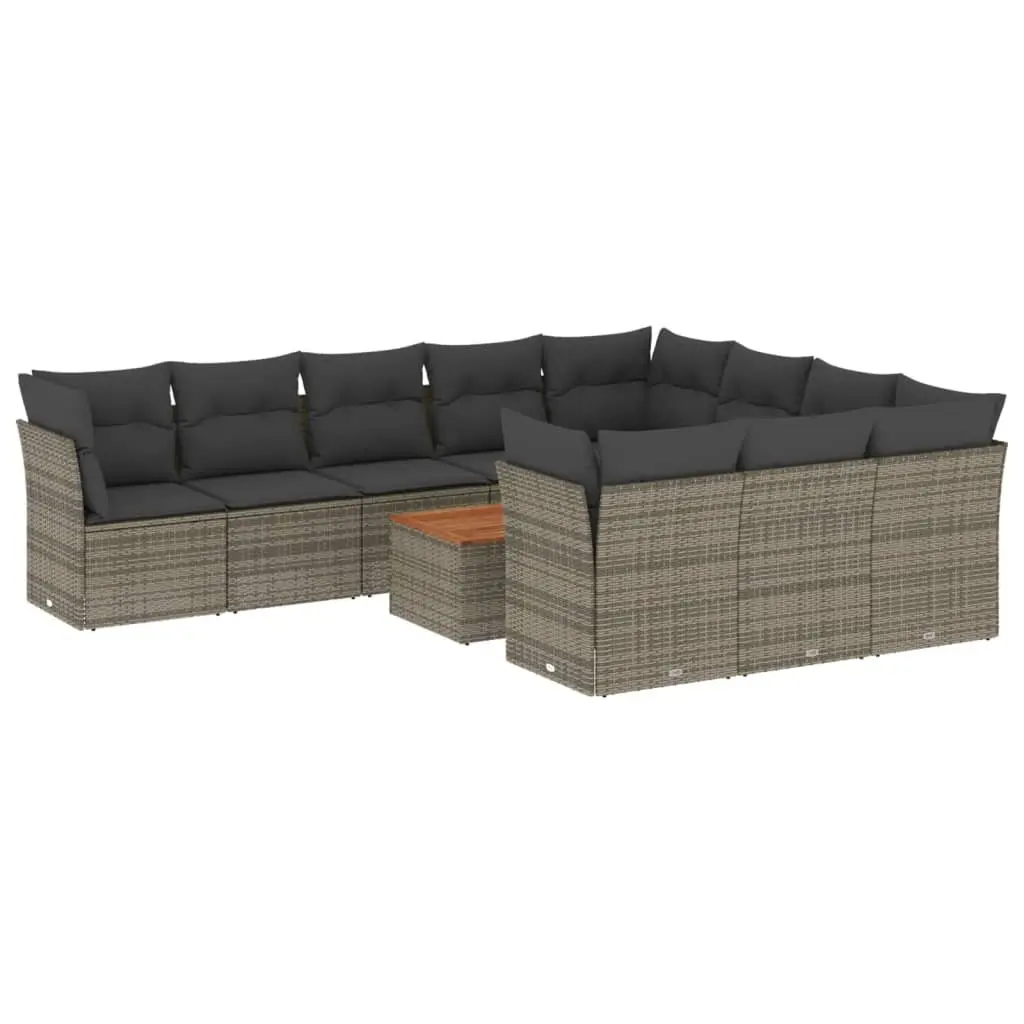 Garden Sofa Set PE Rattan Modular 11 Piece Grey with Acacia Wood Tabletop