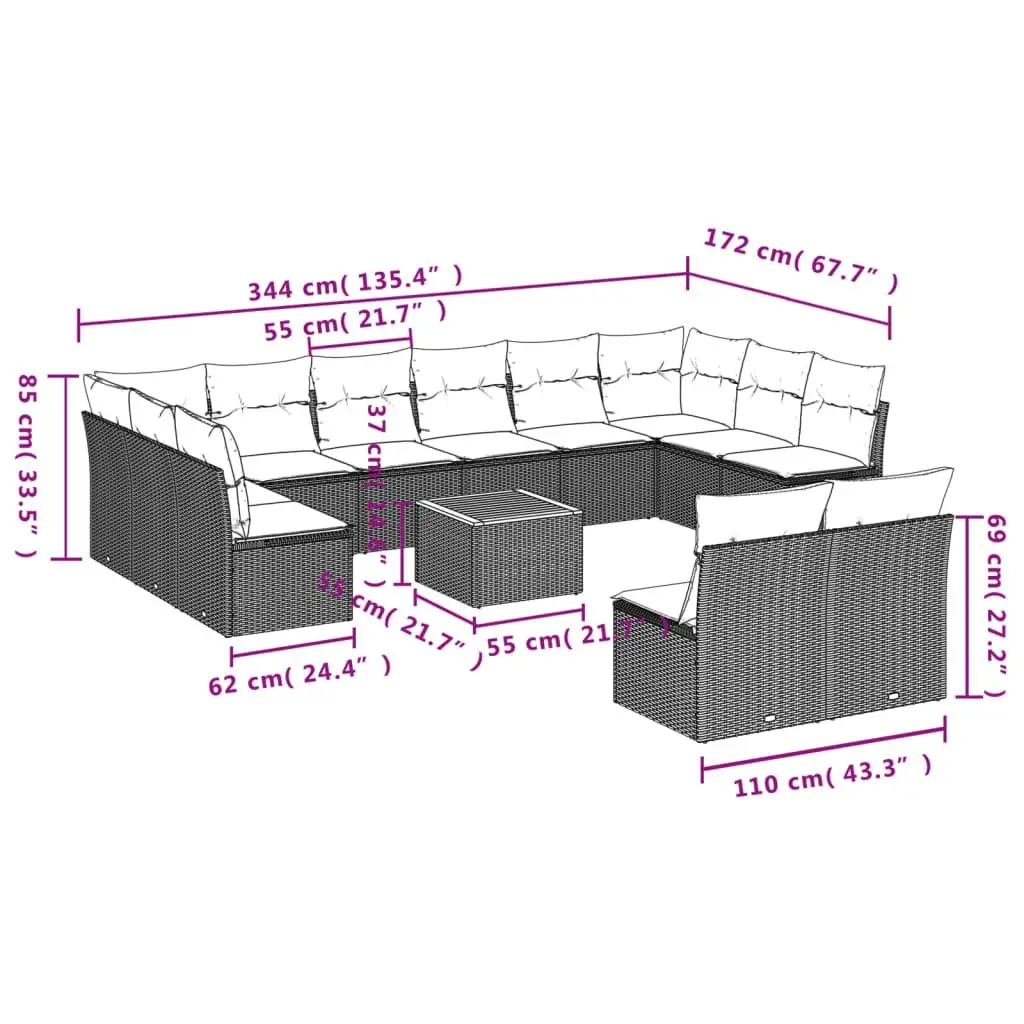 13 Piece Modular Outdoor Sofa Set Grey PE Rattan with Cushions Acacia Wood Tabletop for Patio Garden Lounge