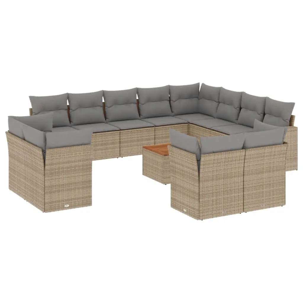Outdoor Garden Sofa Set PE Rattan 13 Piece Beige with Acacia Wood Table and Cushions