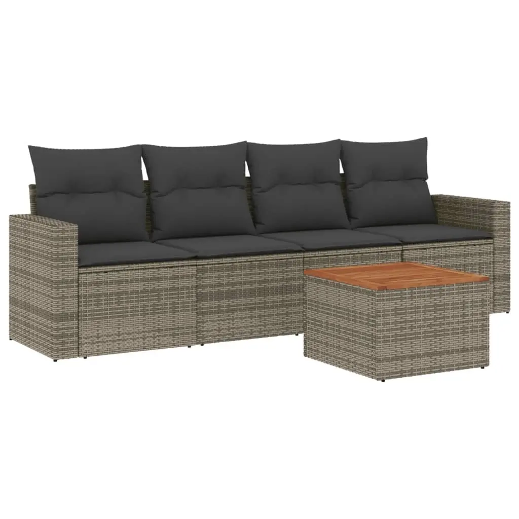 Garden Sofa Set PE Rattan 5 Piece Outdoor Furniture with Cushions Acacia Wood Table Grey